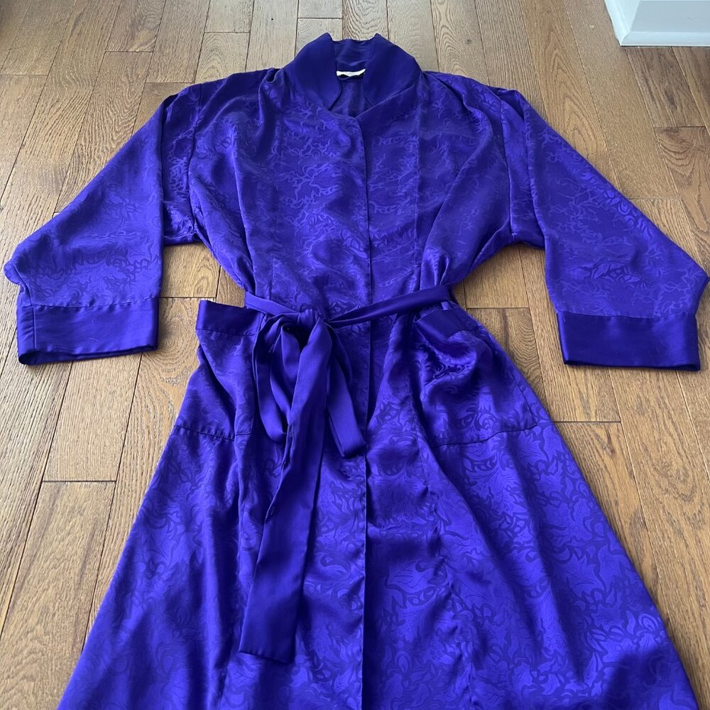 Vintage 80s Gold Label Victoria’s Secret Purple‎ Satin Robe Womens M Jacquard - Picture 2 of 10